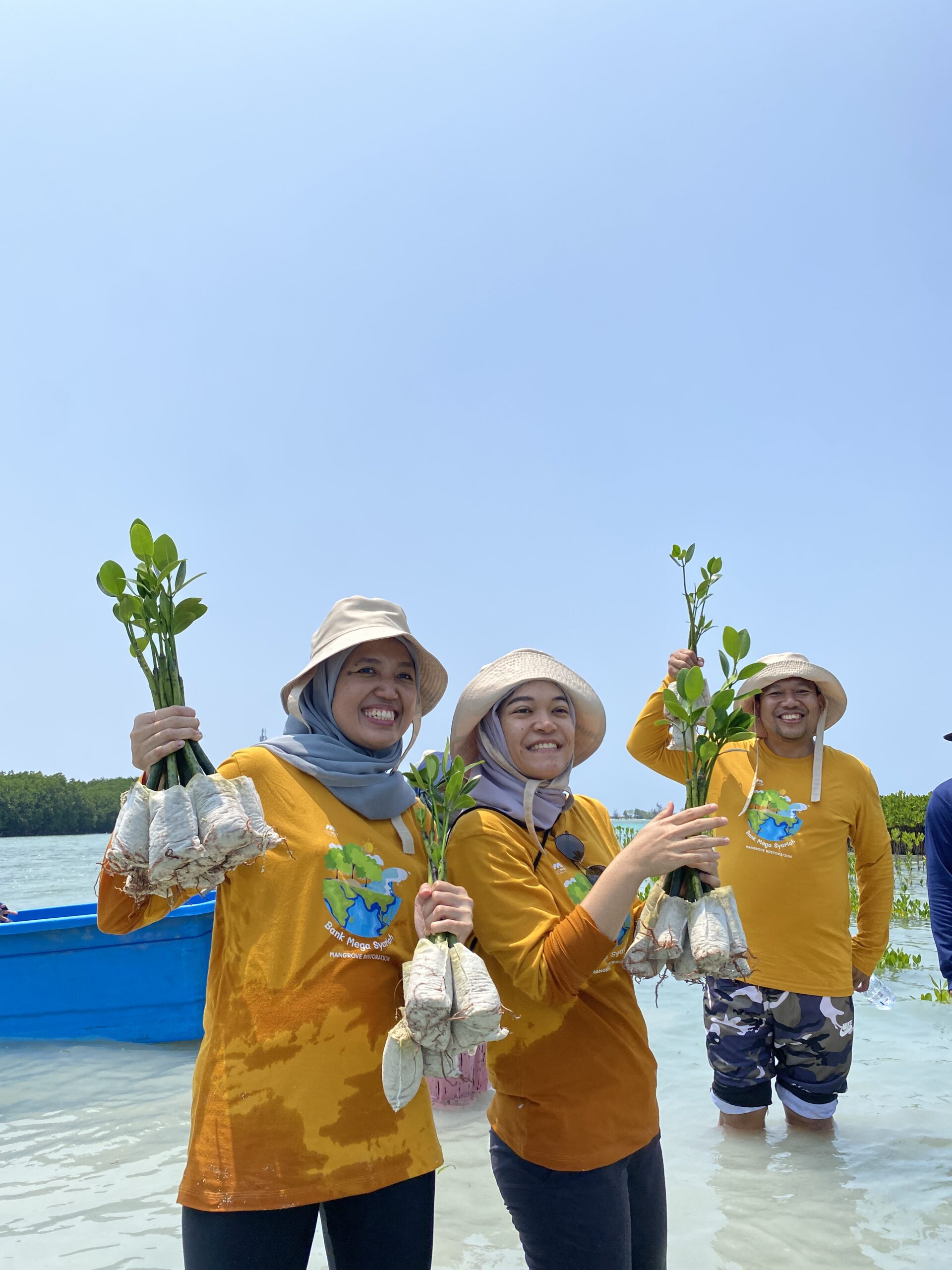 3 orang peserta gathering kantor berbaju kuning dan bertopi memegang sekumpulan bibit mangrove untuk ditanam dalam acara gathering kantor di tepi pantai